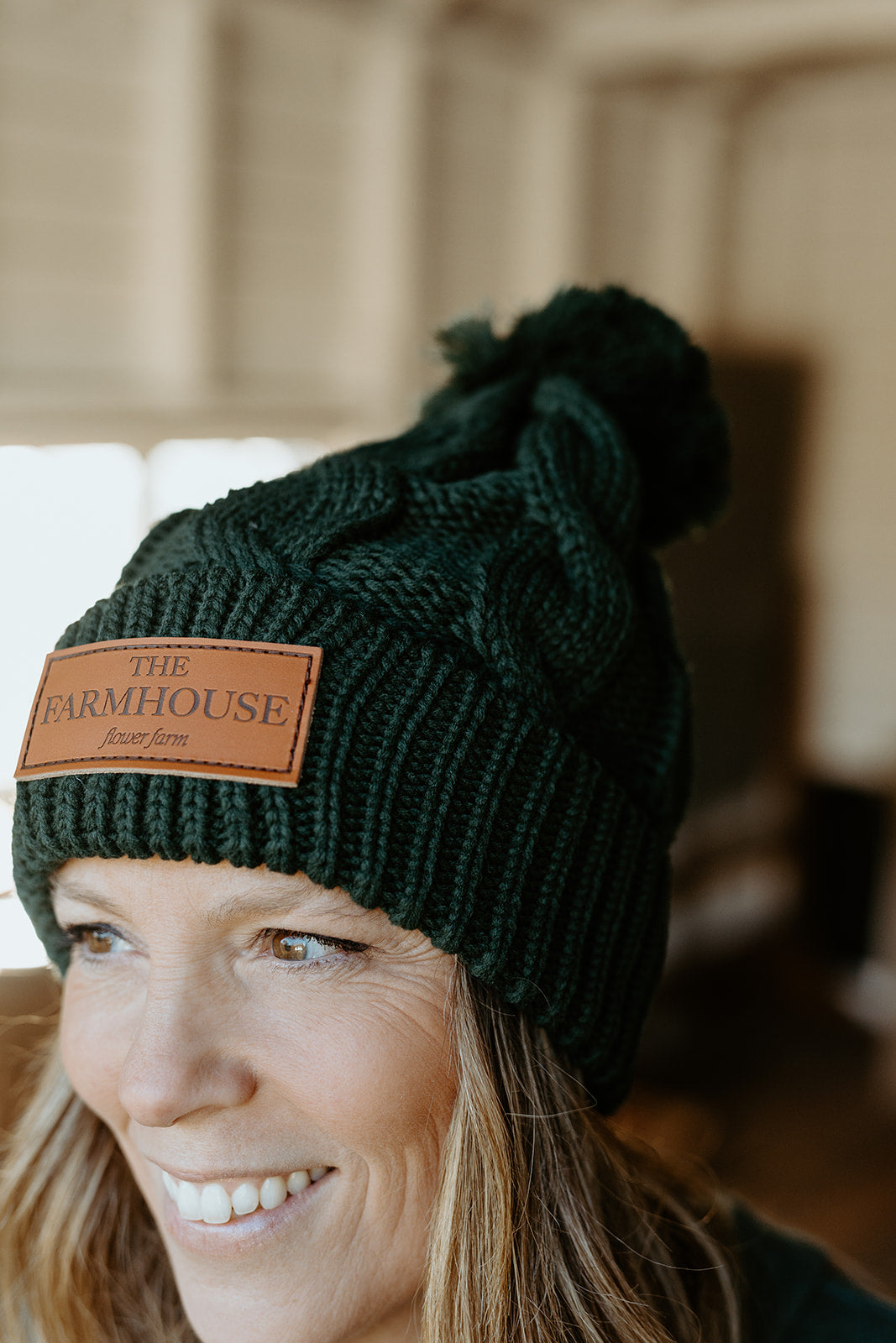 Chunk Knit Twist Beanie with Pom-Forest