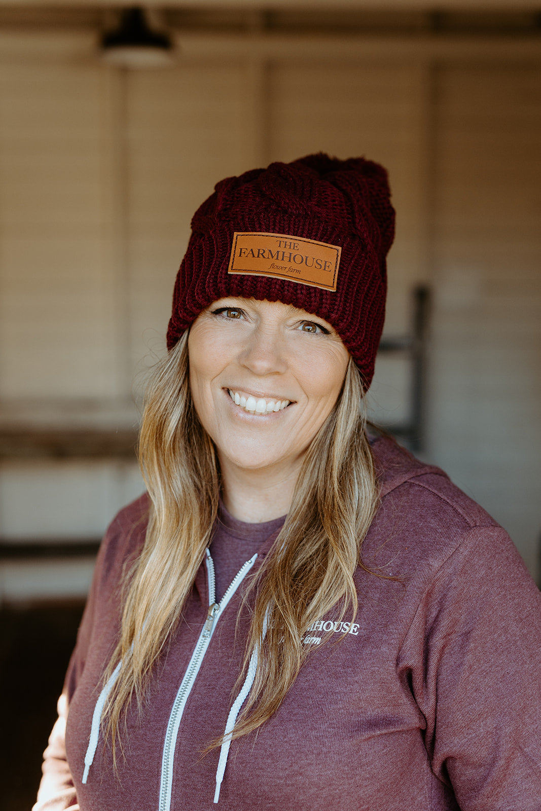 Chunk Knit Twist Beanie with Pom-Plum